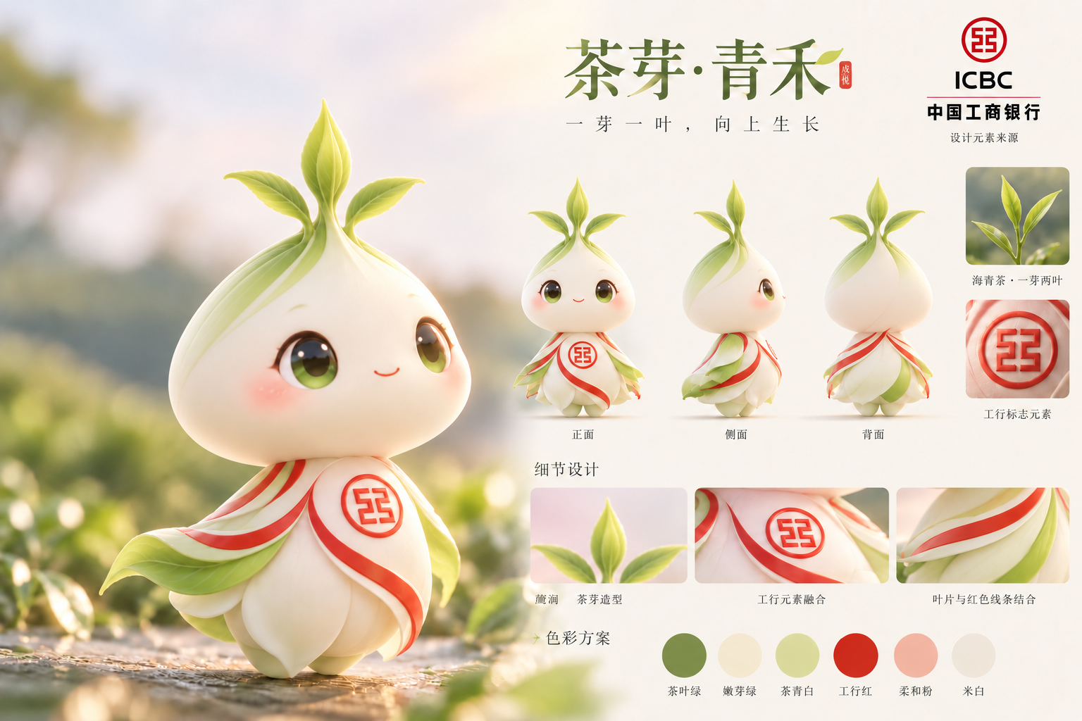 茶芽青禾完整 IP 设定图，包含正面、侧面、背面、细节和色彩方案